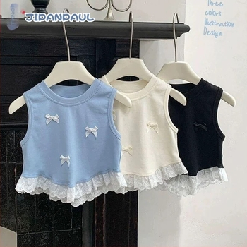 2025 Vestă de vară pentru fete, stil nou, rochie de vară cu fundă albastră și dantelă, top fără mâneci pentru femei