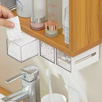 Suport de depozitare cosmetice, montat pe perete, cutie de depozitare din bumbac pentru cosmetice, transparent, cu bețișor de bumbac pentru baie, cu oglindă, mini sertar