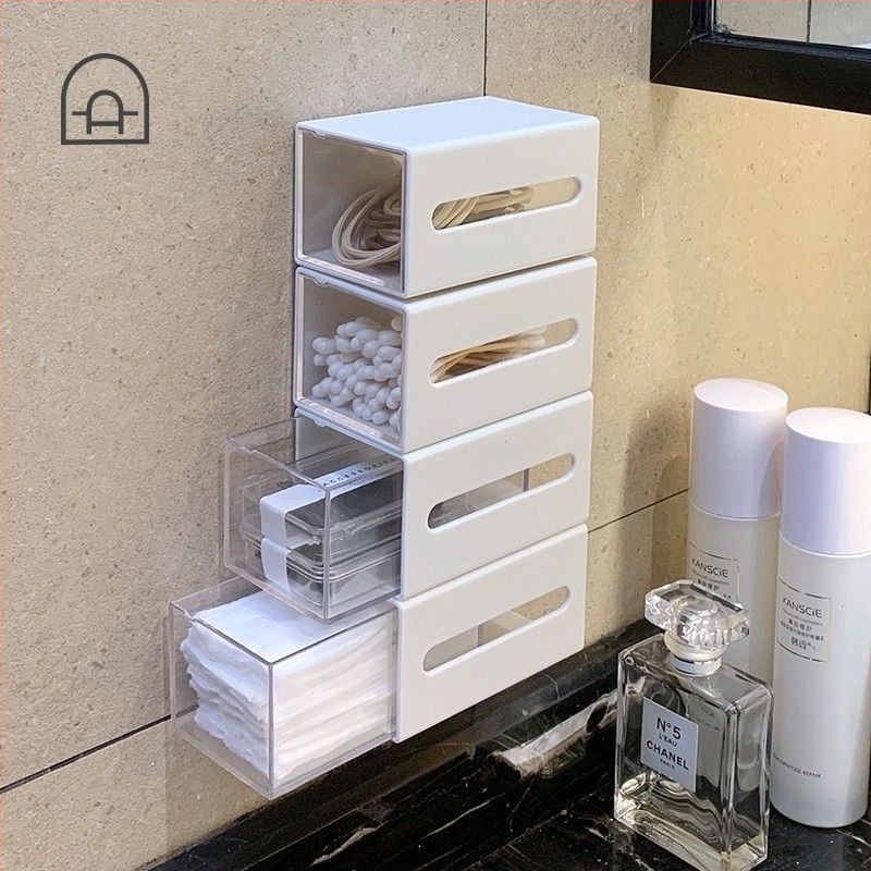 Suport de depozitare cosmetice, montat pe perete, cutie de depozitare din bumbac pentru cosmetice, transparent, cu bețișor de bumbac pentru baie, cu oglindă, mini sertar