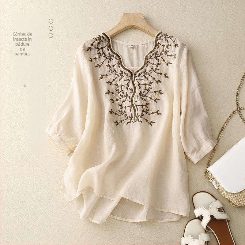 Top de vară pentru femei din bumbac și in, broderie, design lejer, sense niche, cămașă din bumbac și in, cămașă mică, 2023, noutate