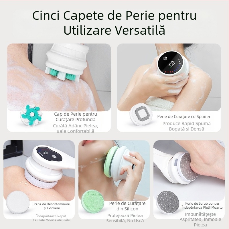 Perie electrică de baie și duș transfrontalieră, impermeabilă, cu mâner lung, pentru frecarea colțurilor, perie de baie cu noroi, perie de baie electrică rotativă cinci în unu