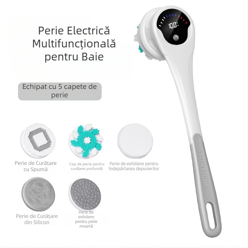 Perie electrică de baie și duș transfrontalieră, impermeabilă, cu mâner lung, pentru frecarea colțurilor, perie de baie cu noroi, perie de baie electrică rotativă cinci în unu