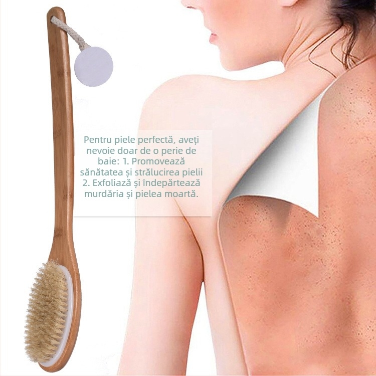 Perie de baie uscată pentru corp, perie de baie cu mâner lung din lemn, îmbunătățește sistemul limfatic și promovează circulația sângelui, perie uscată