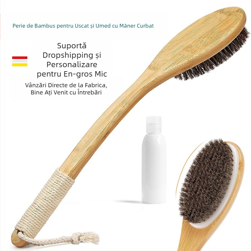 Perie de baie uscată pentru corp, perie de baie cu mâner lung din lemn, îmbunătățește sistemul limfatic și promovează circulația sângelui, perie uscată