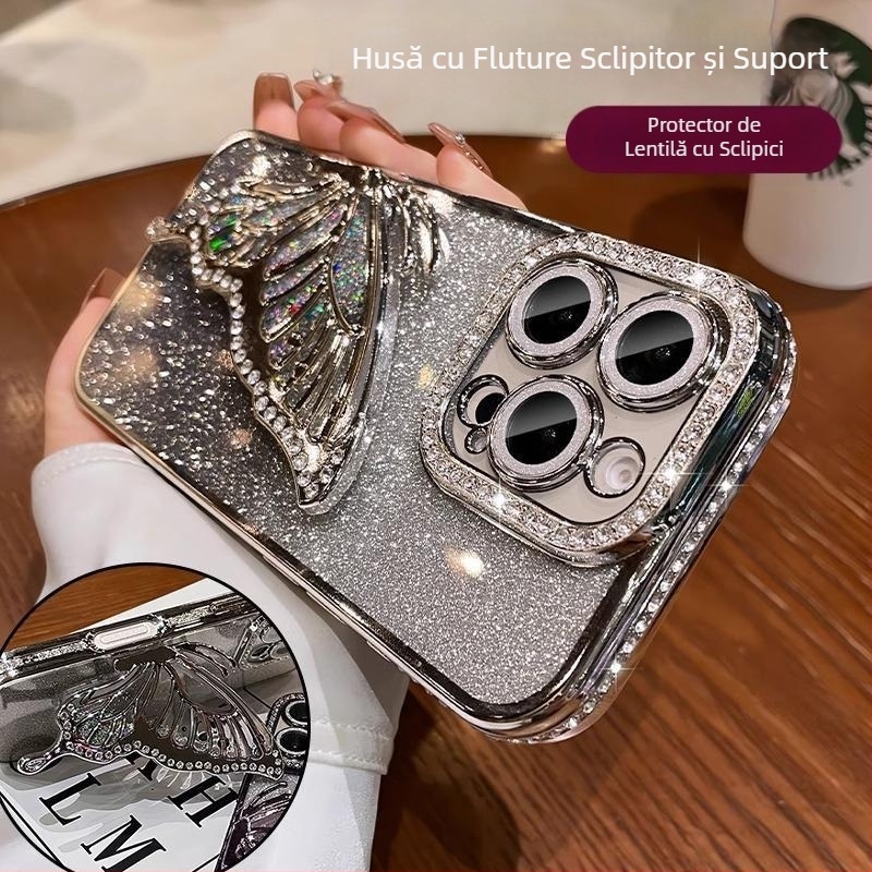 Carcasă de telefon mobil cu fluture nisipuri mișcătoare, potrivită pentru Apple 17Promax, iPhone 16, cu sclipici elegant, transparentă 14, cu strasuri 13