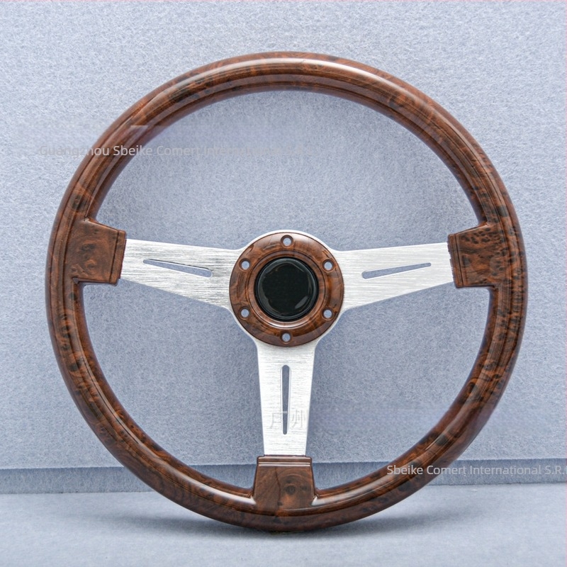 Volan auto modificat transfrontalier, 14 inch, din lemn de piersică, ABS, retro, plat, fără logo, modificare universală