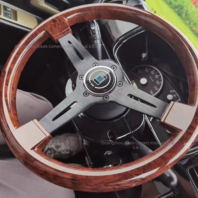 Volan auto modificat transfrontalier, 14 inch, din lemn de piersică, ABS, retro, plat, fără logo, modificare universală