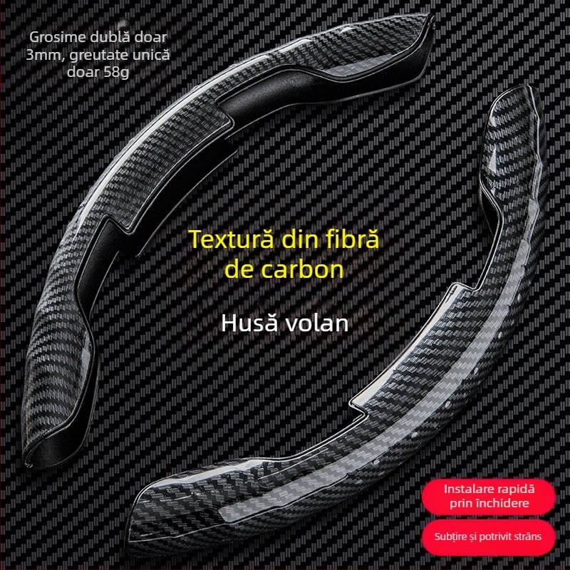 Husă decorativă de protecție pentru volanul mașinii, model din fibră de carbon, husă pentru mâner, volan sport auto