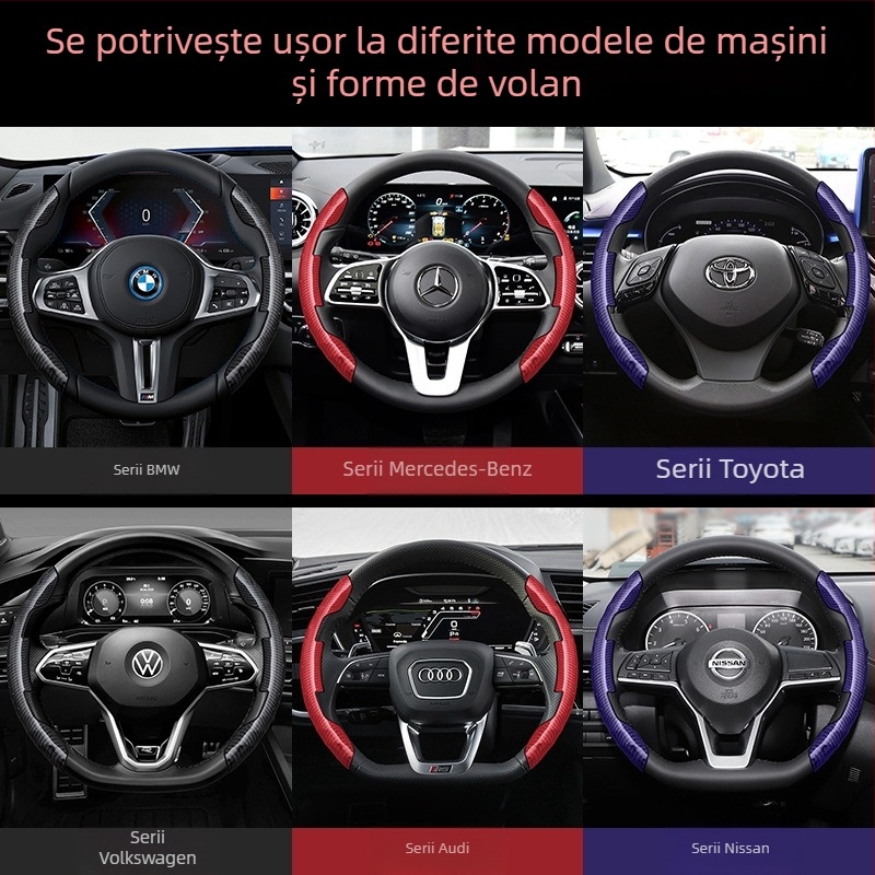 Husă decorativă de protecție pentru volanul mașinii, model din fibră de carbon, husă pentru mâner, volan sport auto