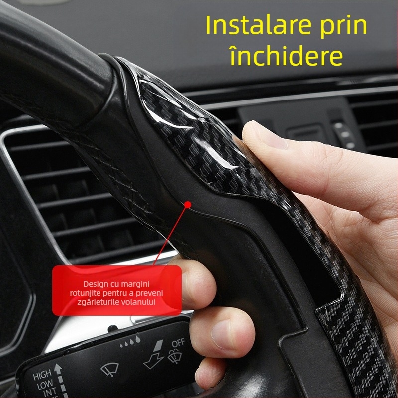 Husă decorativă de protecție pentru volanul mașinii, model din fibră de carbon, husă pentru mâner, volan sport auto