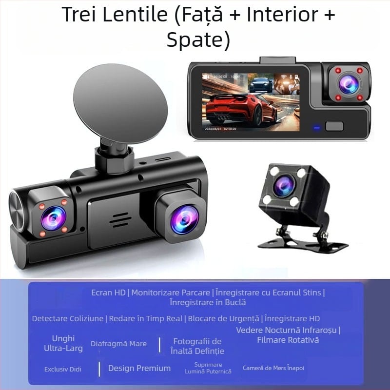 Înregistrator auto cu trei căi, cameră video 1080P, trei obiective cu imagine pentru mers înapoi, înregistrare auto, interconectare telefon mobil, fabrică