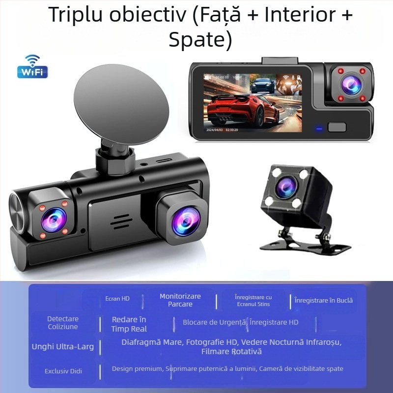 Înregistrator auto cu trei căi, cameră video 1080P, trei obiective cu imagine pentru mers înapoi, înregistrare auto, interconectare telefon mobil, fabrică