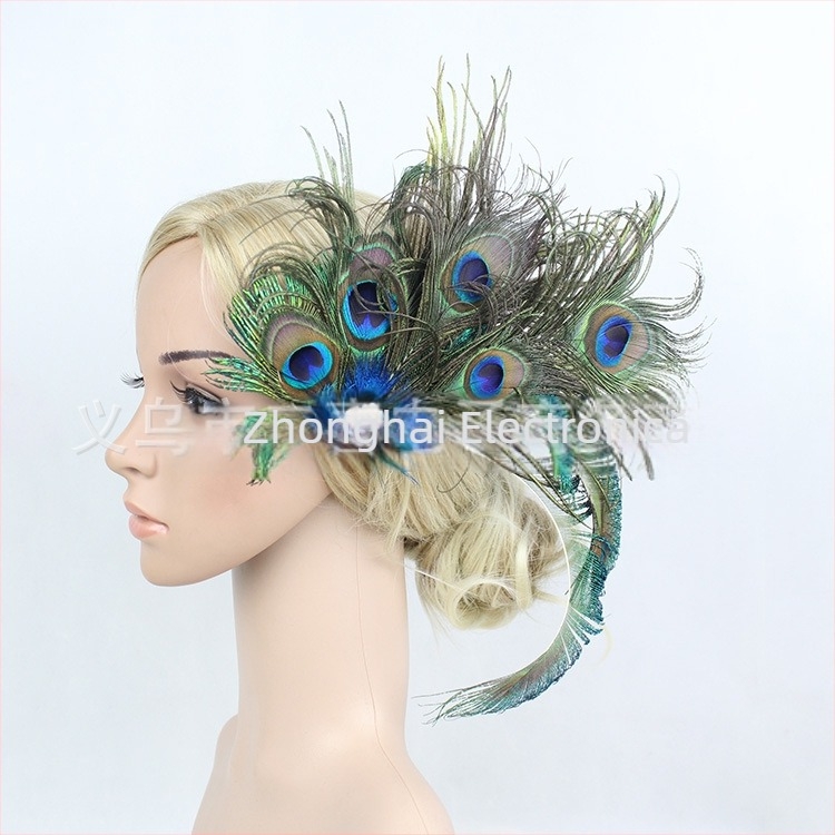 Păr exagerat cu pene de păun pentru mireasă, vânzare fierbinte, europene și americane, accesorii de păr, tip top hat de tip boutique, pentru petrecere, bal