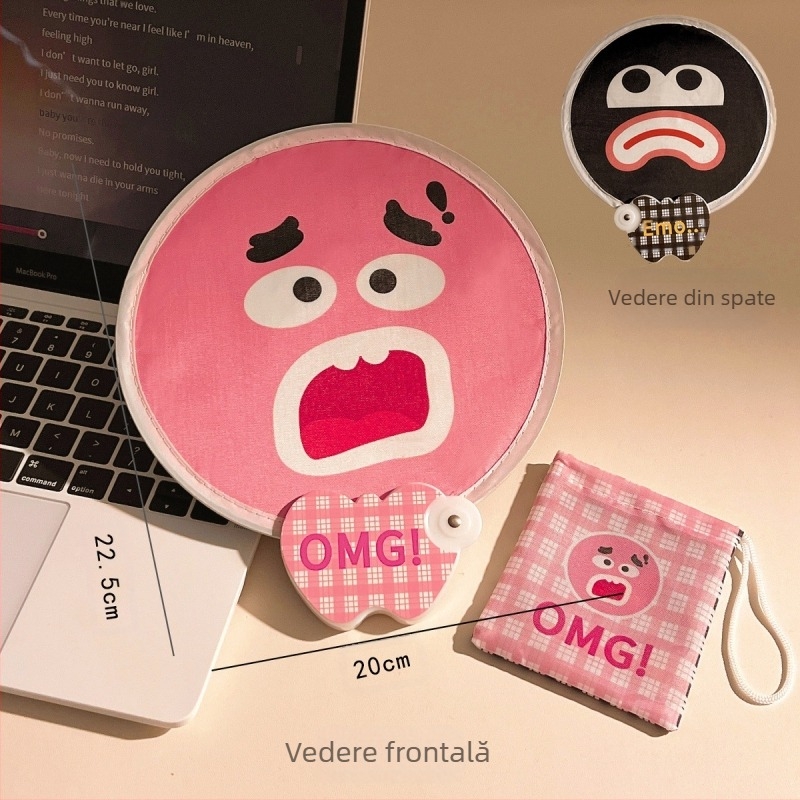 Evantai cu expresie față-verso cu desene animate, evantai mic pliabil de vară, evantai mic de mână drăguț, evantai rotund mic pentru copii și studenți