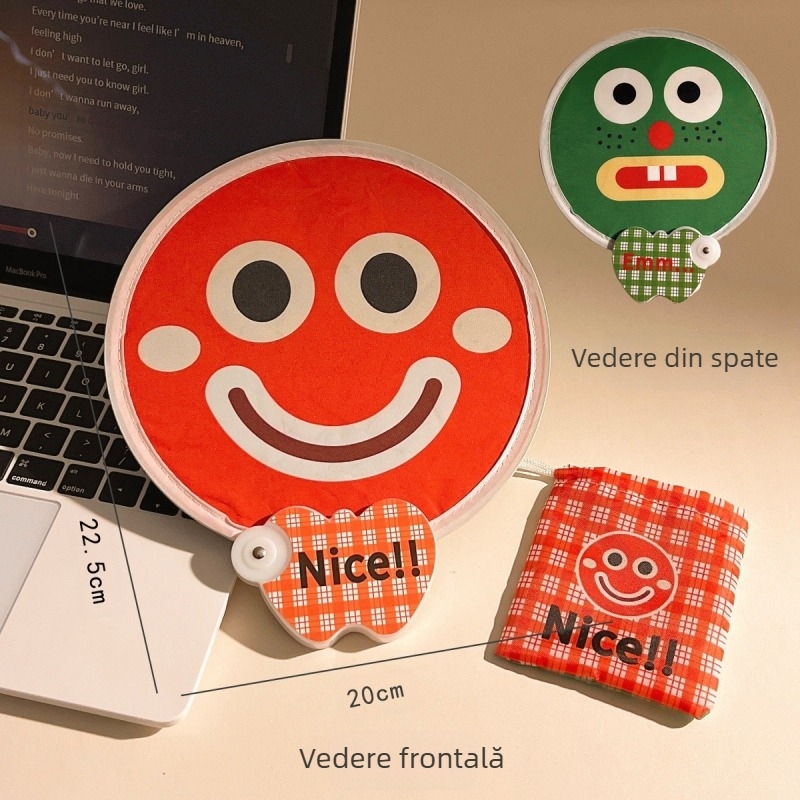 Evantai cu expresie față-verso cu desene animate, evantai mic pliabil de vară, evantai mic de mână drăguț, evantai rotund mic pentru copii și studenți