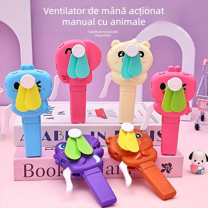 Evantai mic de mână de vară, desene animate, drăguț animal, în aer liber, portabil, creativ, cu manivelă, ventilator de presiune manuală, șase un cadou