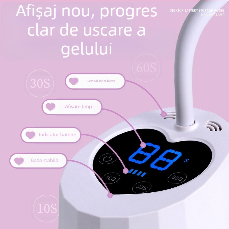 Lampă de unghii Lotus cu senzor inteligent, cu acumulator de energie pentru birou, cu afișaj, lampă de coacere UV, uscare rapidă, lampă de unghii