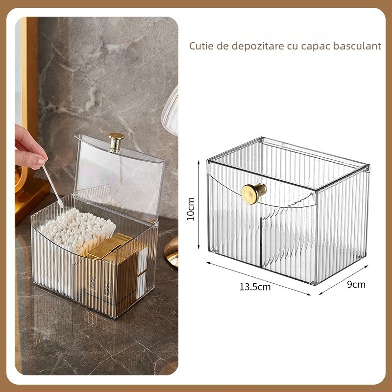 Cutie de depozitare cosmetice, tampon de bumbac, machiaj cosmetic, ou, pensulă cosmetică, depozitare pe birou cu compartiment pentru capac, cutie de finisare transparentă