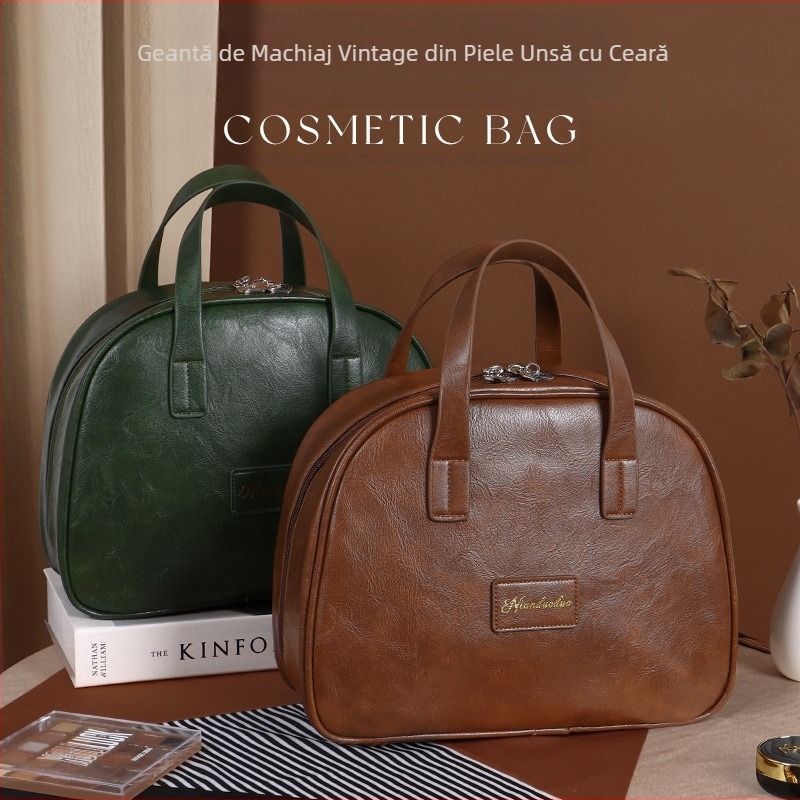 Geantă cosmetică retro din piele cu ceară de ulei pentru femei, capacitate mare, la modă, portabilă, de înaltă calitate, pentru călătorii, pentru îngrijirea pielii, geantă de depozitare