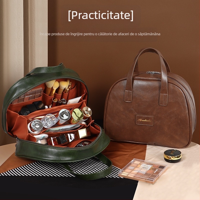 Geantă cosmetică retro din piele cu ceară de ulei pentru femei, capacitate mare, la modă, portabilă, de înaltă calitate, pentru călătorii, pentru îngrijirea pielii, geantă de depozitare