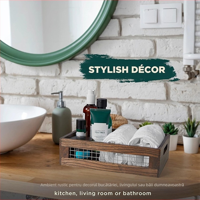 Coș de depozitare din lemn gol, cutie de cusut pentru bucătărie, coș de depozitare pentru living, coș de depozitare din plasă de fier, cutie de legume pentru condimente