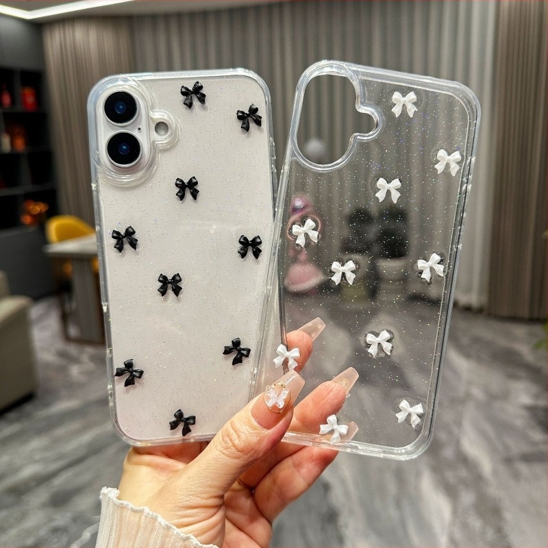 Carcasă de telefon nouă cu sclipici și fundă mică, potrivită pentru Apple iPhone 16, iPhone 17 Pro 14 Pro Max, transparentă cu rășină