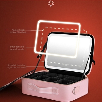 Geantă cosmetică transfrontalieră pentru depozitarea oglinzii cosmetice, geantă cosmetică Advanced Sense LED, compartiment portabil, stratificat, tridimensional, cu lumină