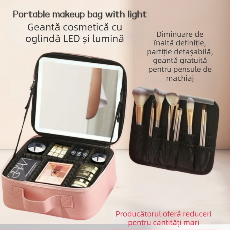 Geantă cosmetică transfrontalieră pentru depozitarea oglinzii cosmetice, geantă cosmetică Advanced Sense LED, compartiment portabil, stratificat, tridimensional, cu lumină