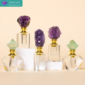 Sticlă de ulei esențial cu cluster de ametist natural pentru aromaterapie, fluorită, piatră brută, ulei esențial cu pipetă, sticlă de parfum îmbuteliată, cadou pentru fete