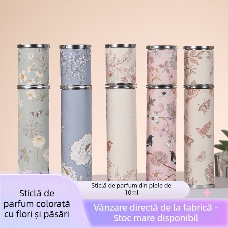 Sticlă de parfum din piele de miel Spot 10ml Rhyme, cu flori și păsări colorate, imprimată, elegantă, portabilă, pentru călătorii, cu pulverizator