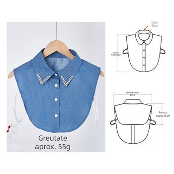 Guler fals din denim din bumbac pur, stil coreean, clasic, unisex, pentru bărbați și femei, guler fals simplu cu mărgele de unghii spălate, în stoc