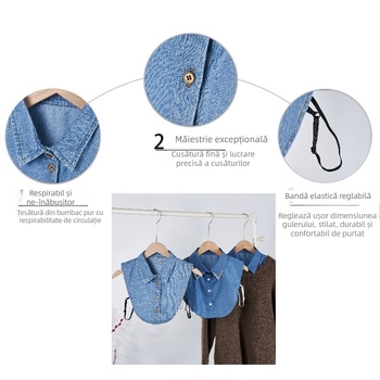 Guler fals din denim din bumbac pur, stil coreean, clasic, unisex, pentru bărbați și femei, guler fals simplu cu mărgele de unghii spălate, în stoc