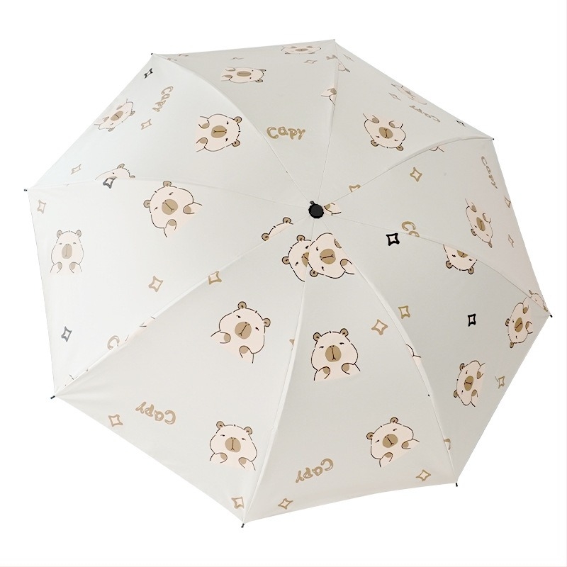 Umbrelă automată Capibala drăguță pentru femei, umbrelă pliabilă Capibara cu desene animate, soare și ploaie, umbrelă de protecție solară cu dublă utilizare, din cauciuc negru