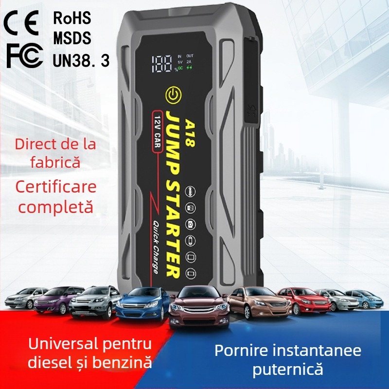 Sursă de alimentare portabilă multifuncțională impermeabilă de 12V pentru pornire de urgență auto, baterie cu încărcare rapidă de 66W