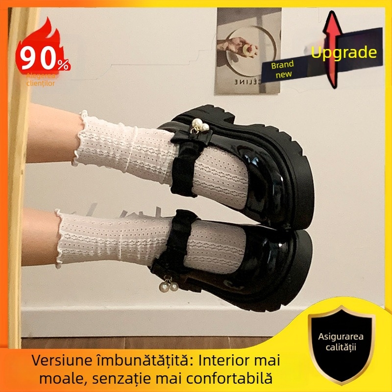 Pantofi Mary Jane negri francezi cu talpă groasă din piele pentru femei 2025 Noutate primăvară & toamnă cu fustă pantofi cu vârf rotund și toc gros cu perle