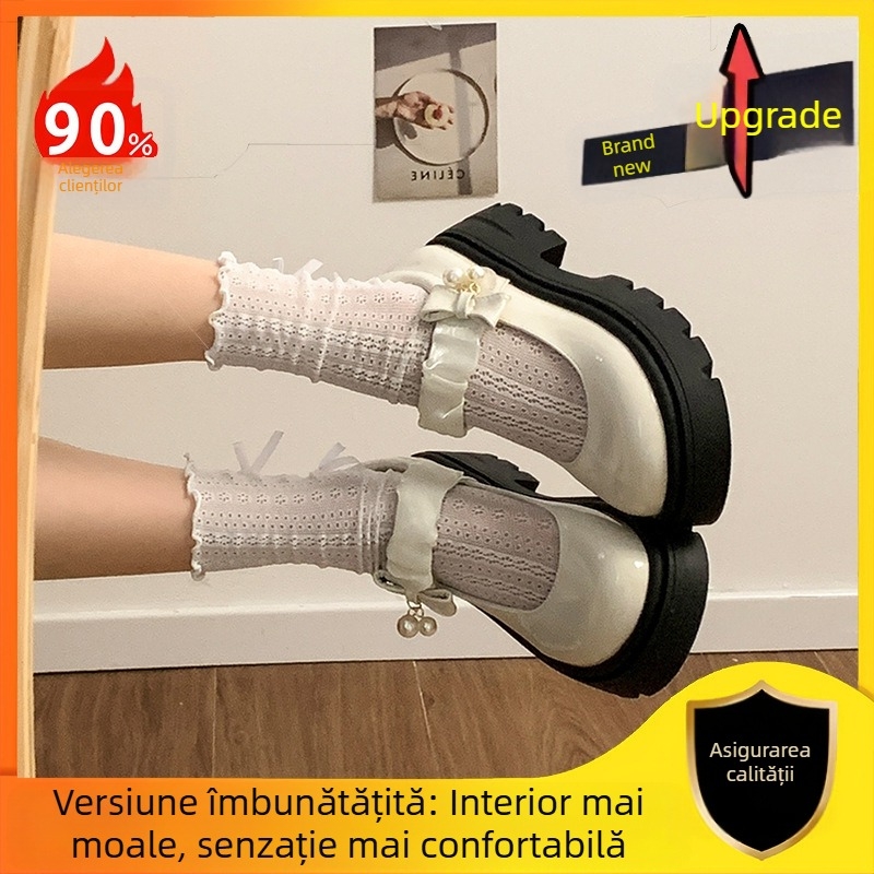 Pantofi Mary Jane negri francezi cu talpă groasă din piele pentru femei 2025 Noutate primăvară & toamnă cu fustă pantofi cu vârf rotund și toc gros cu perle