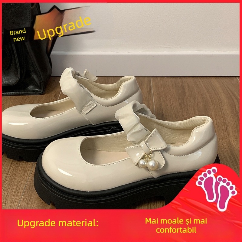 Pantofi Mary Jane negri francezi cu talpă groasă din piele pentru femei 2025 Noutate primăvară & toamnă cu fustă pantofi cu vârf rotund și toc gros cu perle