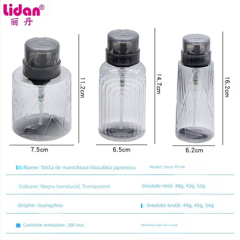 Sticlă japoneză de presă pentru unghii de înaltă permeabilitate, sticlă cu alcool lichid, sticlă transparentă de presă pentru unghii de 200 ml, cu încuietoare, sticlă goală