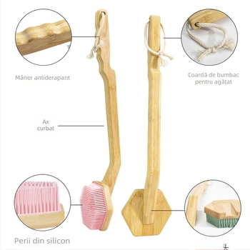 Perie de baie din silicon și bambus Amazon, perie de baie cu mâner curbat din lemn, perie de baie detașabilă cu mâner lung