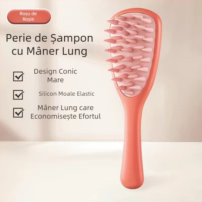 Pieptene din silicon cu mâner lung, șampon pentru masaj cu meridiane pentru scalp, curățare și masaj antipruriginos