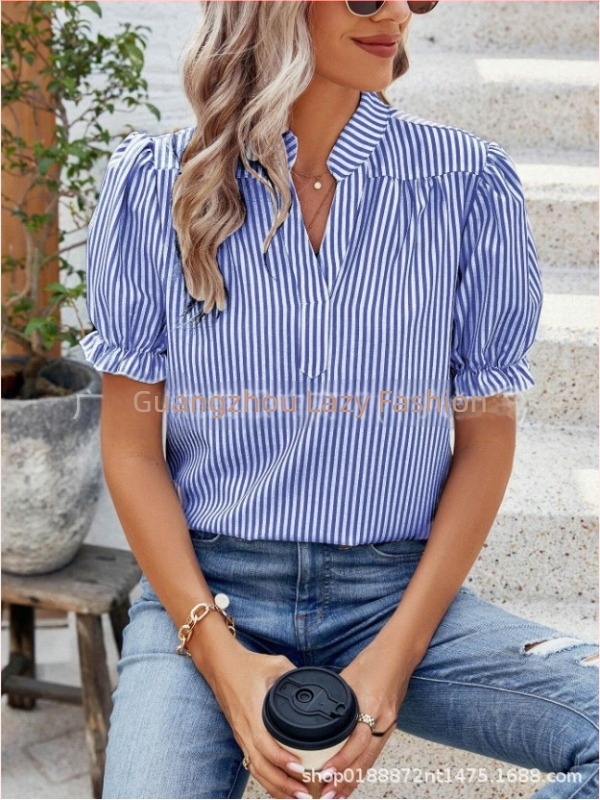 Îmbrăcăminte de vară pentru femei 2025, cumpărare rapidă pe Amazon, comerț exterior european și american, modă casual, lejeră, cu dungi verticale, mâneci scurte, căptușeală