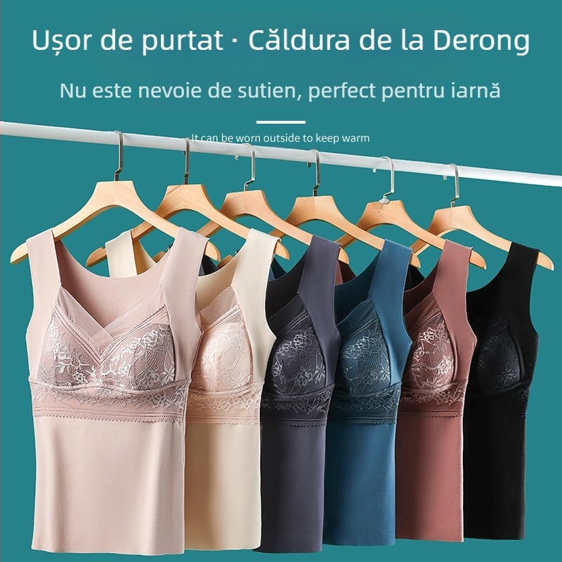 Vestă termică nouă din catifea cu dantelă, pentru femei, cu pernuță pentru piept, dintr-o singură piesă, plus lenjerie termică fără cusături, cu căptușeală din catifea, pentru femei