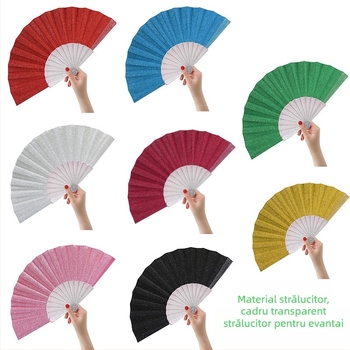 Evantai pliabil transfrontalier, vânzare fierbinte, evantai Flash Powder Material Transparent din plastic, evantai Os, șapte inci, rafinat pentru femei, evantai pentru petrecere și dans