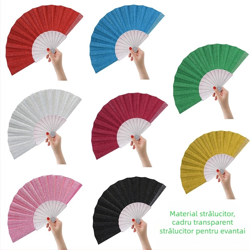 Evantai pliabil transfrontalier, vânzare fierbinte, evantai Flash Powder Material Transparent din plastic, evantai Os, șapte inci, rafinat pentru femei, evantai pentru petrecere și dans
