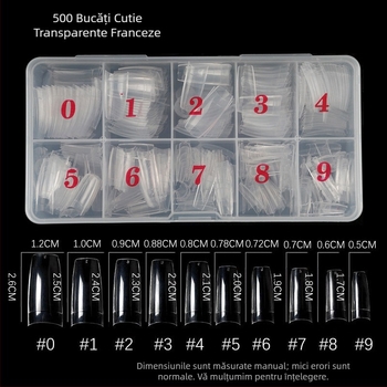 Manichiură 500 bucăți unghii în cutie transparentă pastă completă jumătate de pastă unghii false bucată transparentă stil francez