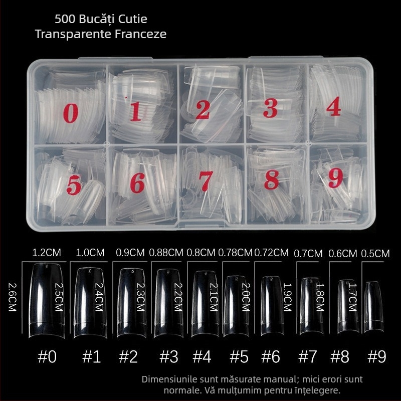 Manichiură 500 bucăți unghii în cutie transparentă pastă completă jumătate de pastă unghii false bucată transparentă stil francez