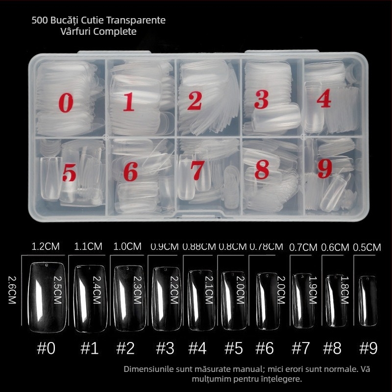 Manichiură 500 bucăți unghii în cutie transparentă pastă completă jumătate de pastă unghii false bucată transparentă stil francez
