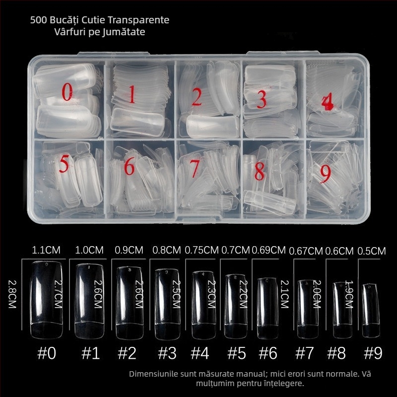 Manichiură 500 bucăți unghii în cutie transparentă pastă completă jumătate de pastă unghii false bucată transparentă stil francez