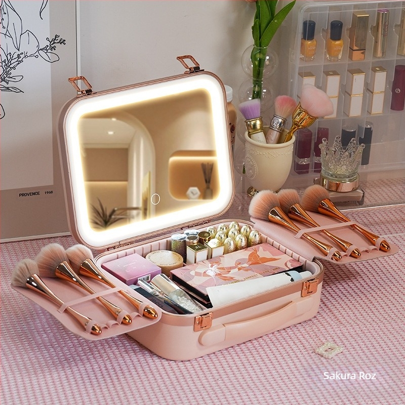 Geantă de machiaj cu lampă cu oglindă LED lampă portabilă profesională de călătorie cu capacitate mare pentru depozitarea cosmeticelor machiaj artist