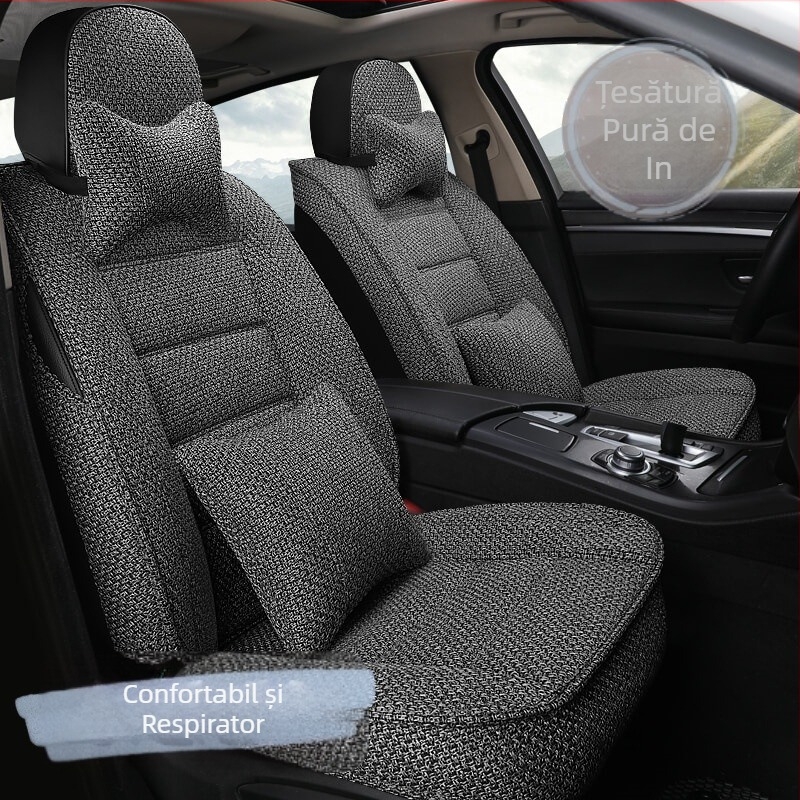 Pernă pentru scaun auto, universală pentru toate anotimpurile, husă de scaun all-inclusive nouă de vară, pernă pentru scaun auto din material textil de in, husă pentru scaun complet înconjurată